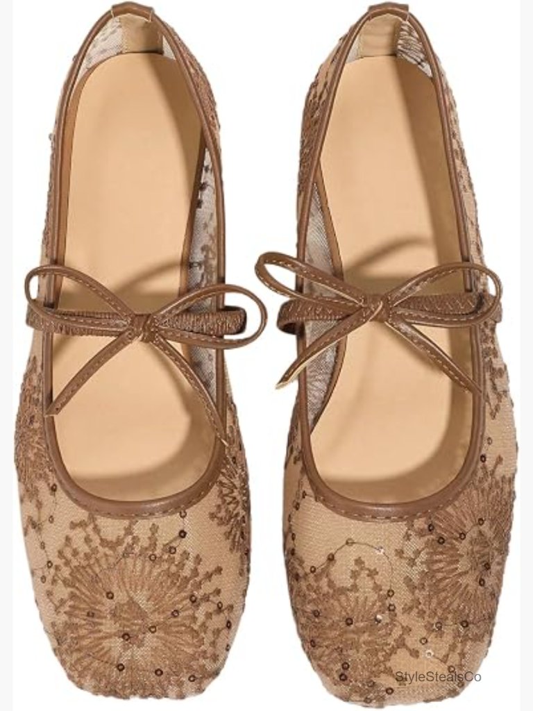 Lace Mesh Ballet Flats Square Toe Maryjane Dress Shoes Ballerina Flats